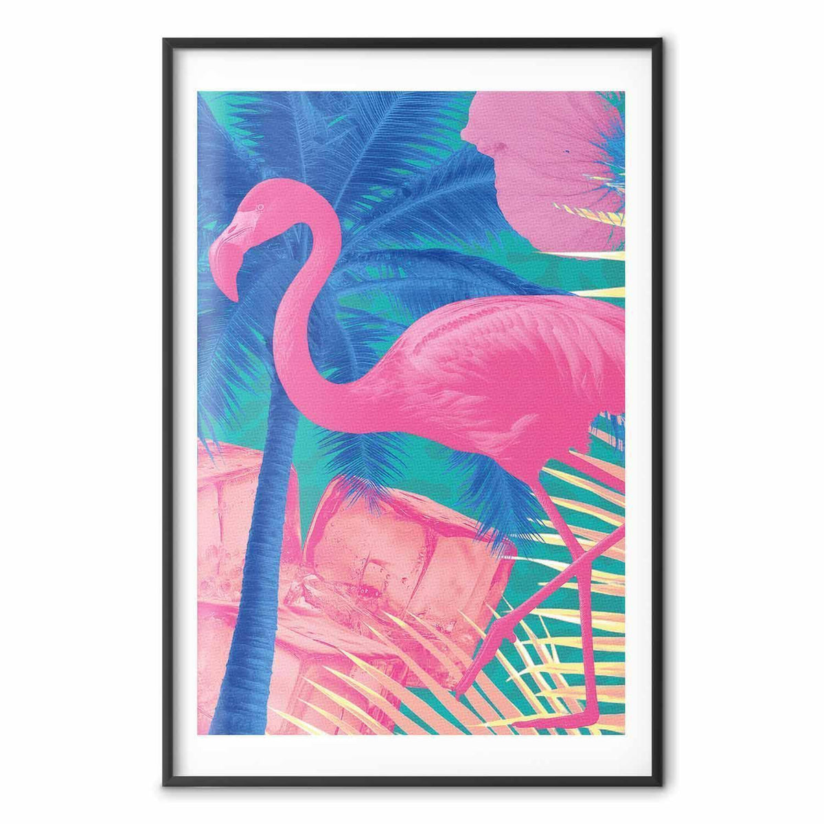 Poster - Pink Flamingo - abstract flamingo against a background of palm trees and ice cubes
