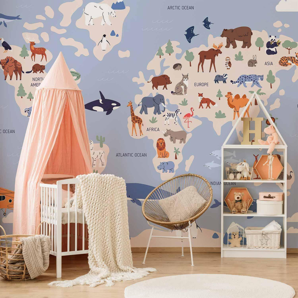 Fototapete - World Map With Animal Illustrations