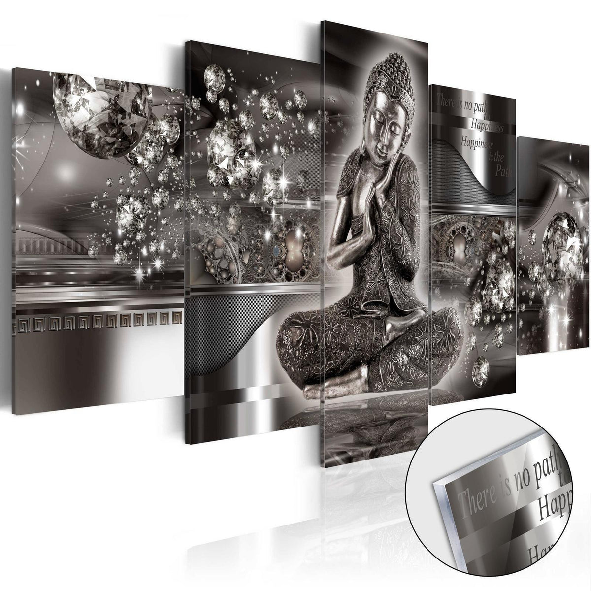 Wandbild Silberne Gelassenheit – 5-teiliges Acrylglasbild mit Buddha in Silber