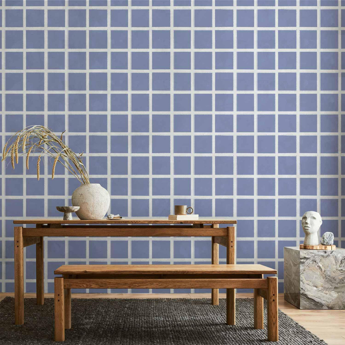 Tapete - Lines and Symmetry - Expressive White Grid on a Blue Background