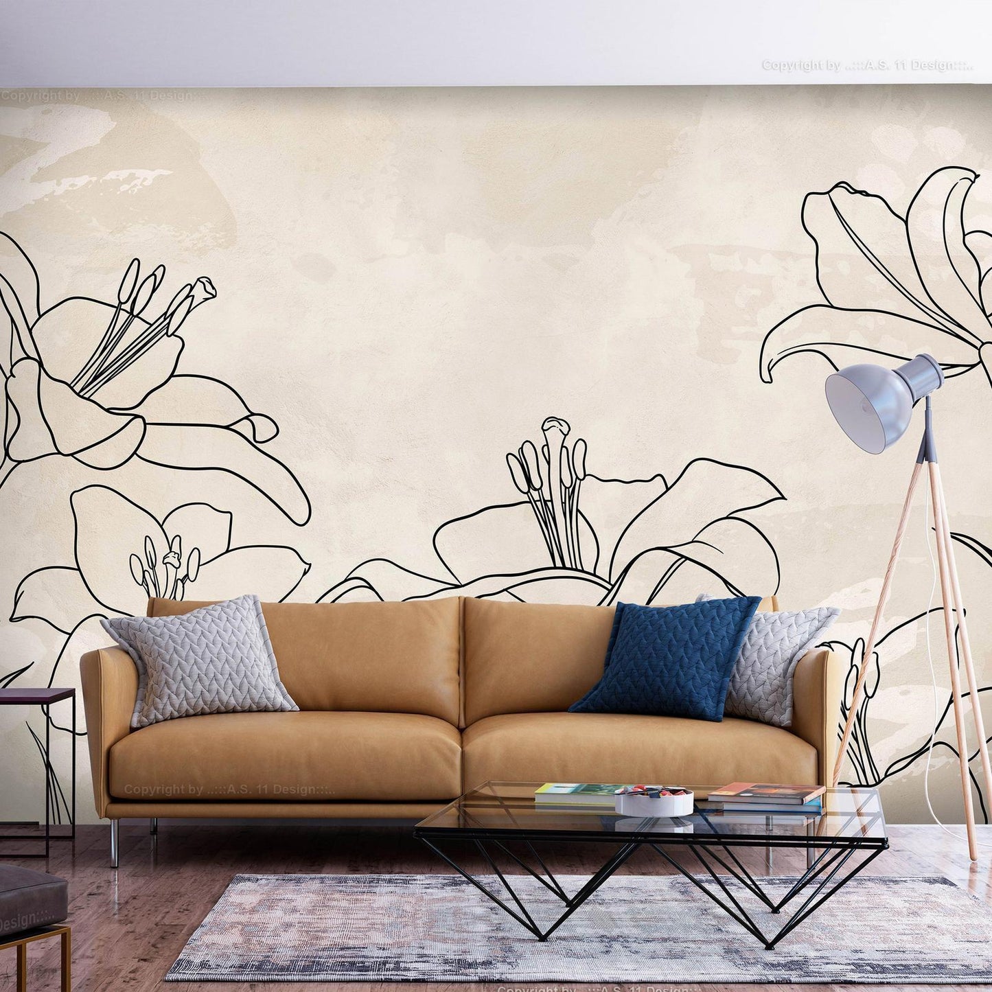 Fototapete Naturskizze - Minimalistische Lilien Line-Art auf beigem Hintergrund - Sawelt