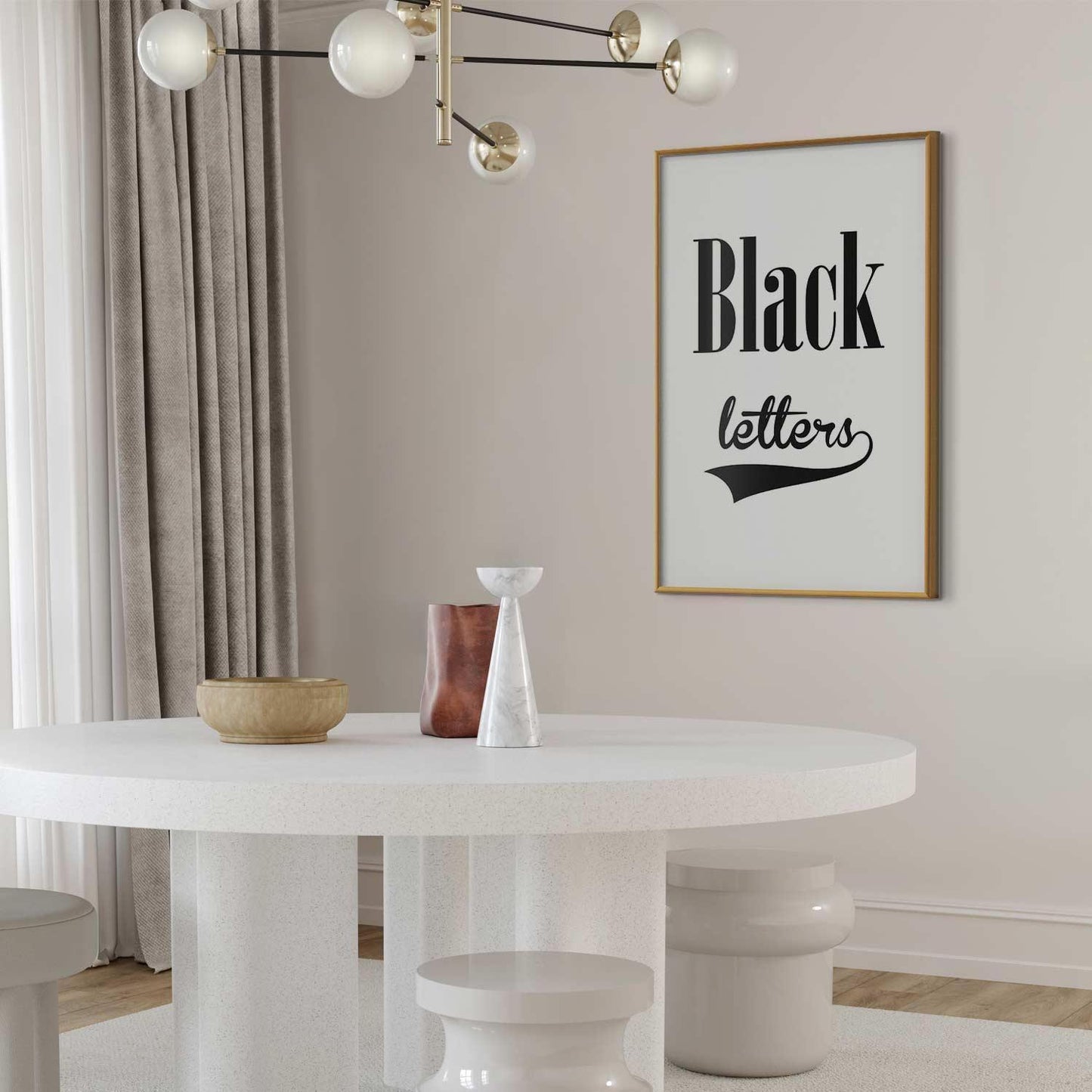Poster - Black Letters in a modern interior with minimalist decor and gold frame.