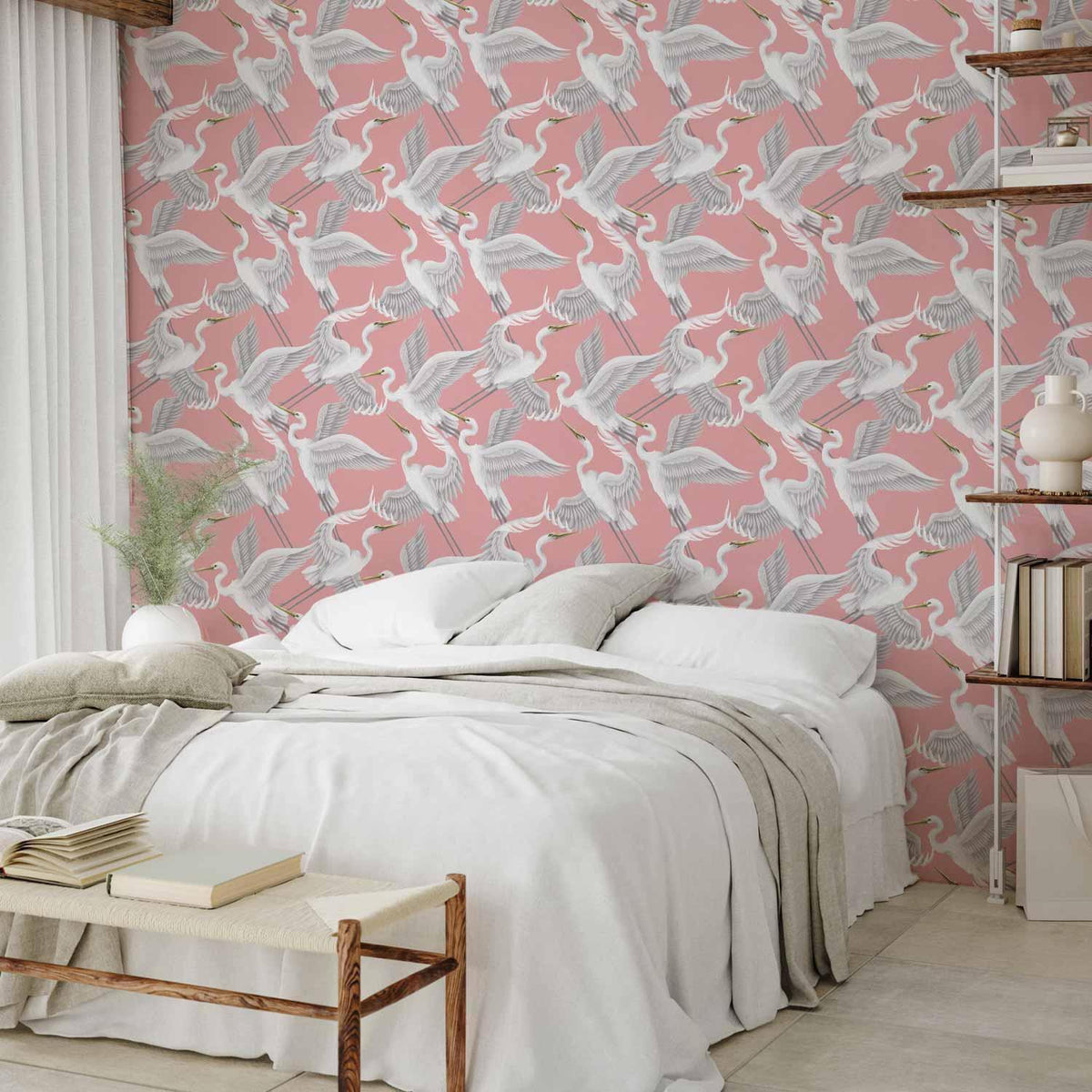 Tapete - Pastel birds – a delicate pattern of white and grey herons on a light pink background