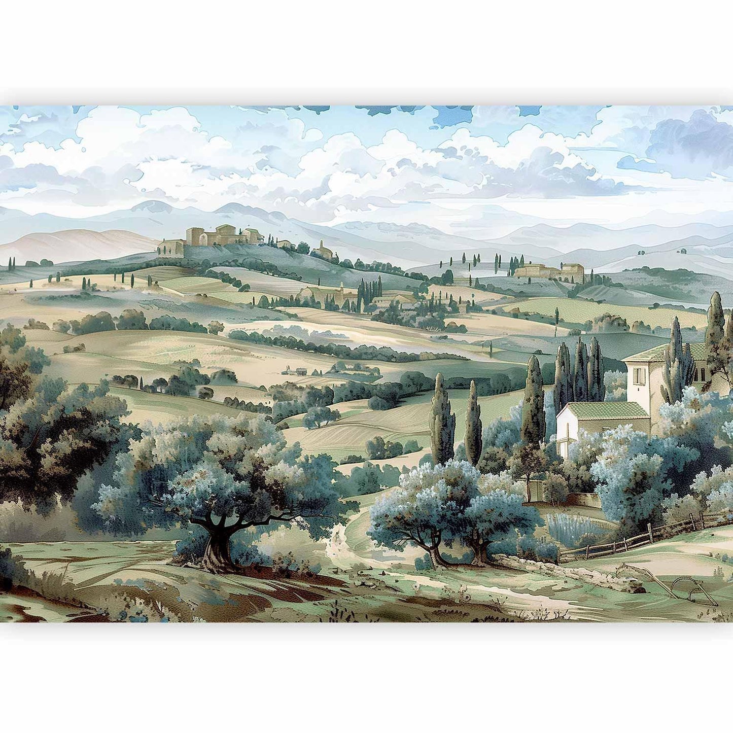 Fototapete - Landscape with Green Fields and Trees Tuscan Sunny View Artgeist
