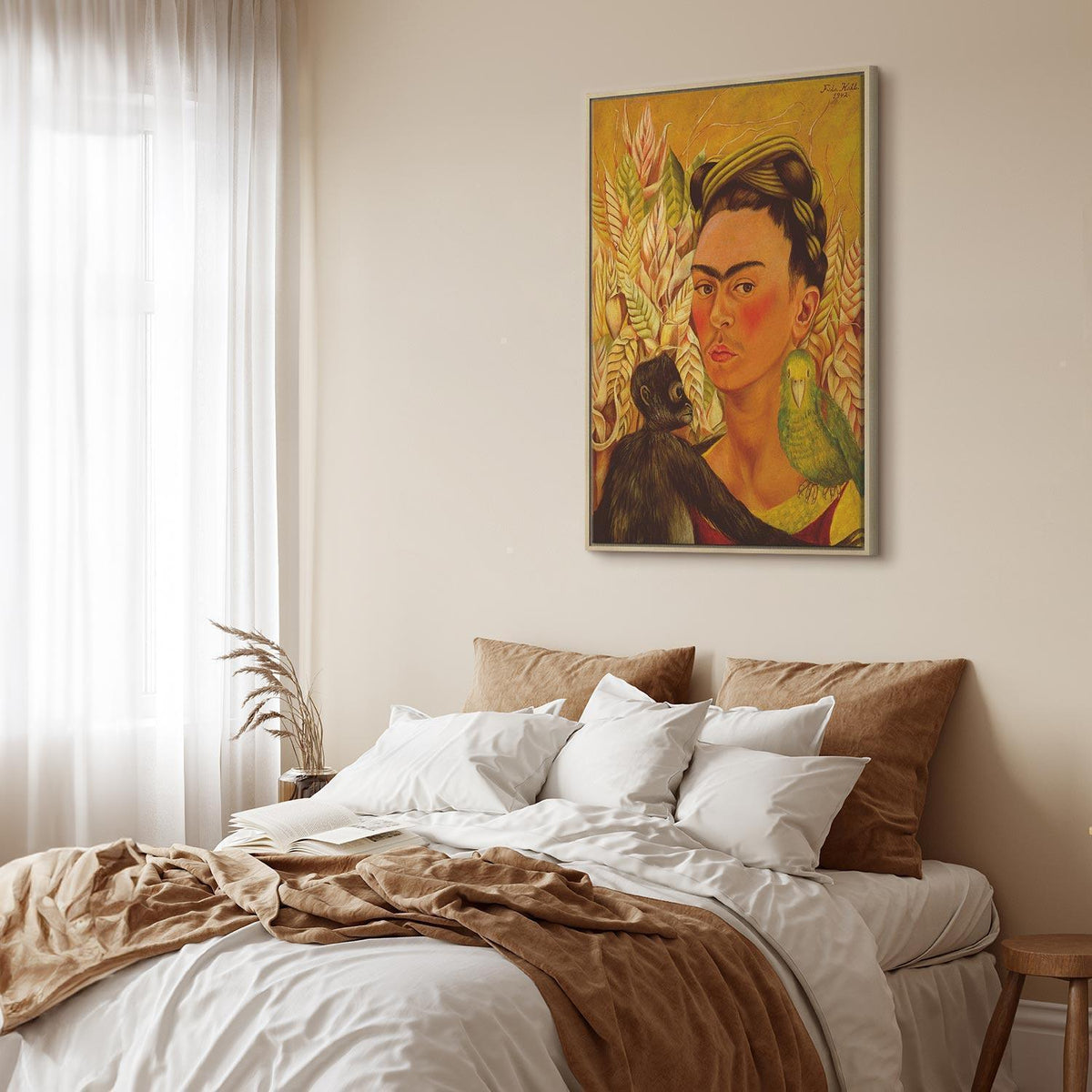 Leinwandbild - Frida Kahlo – Self-Portrait with Monkey and Parrot