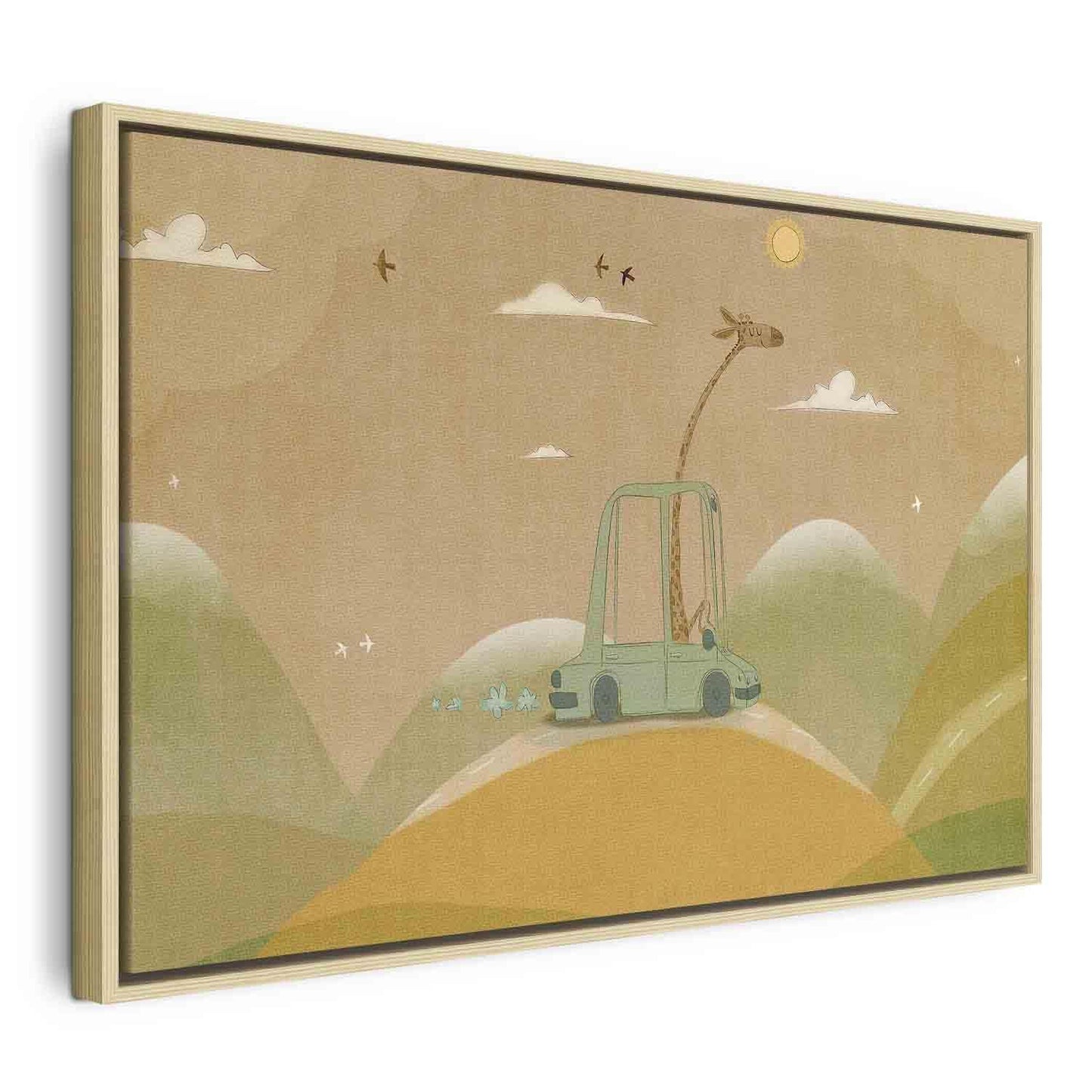 Leinwandbild - Dreamy Traveler - A Cheerful Giraffe Driving a Car on a Sunny Day Artgeist