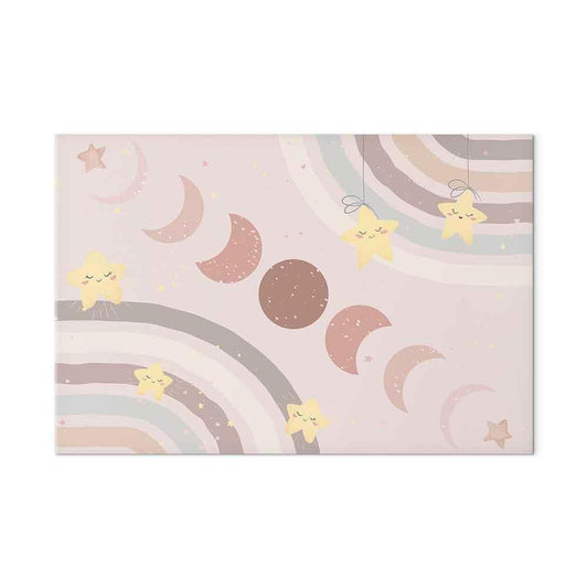 Leinwandbild - Joyful Sky - Yellow Cheerful Stars with a Rainbow Against the Phases of the Moon in a Light Beige Sky Hue