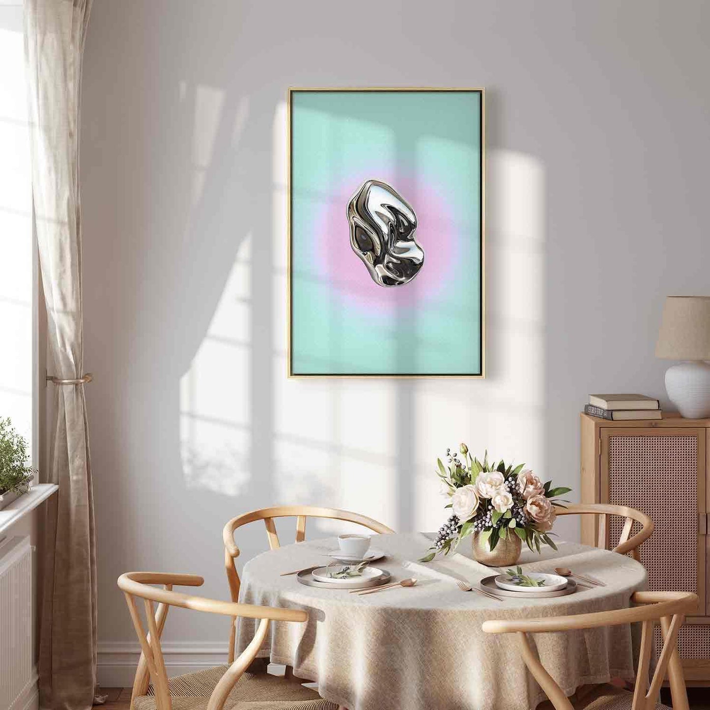 Leinwandbild - Metallic Form - Abstract Sculpture on a Mint Background with a Purple Halo Artgeist