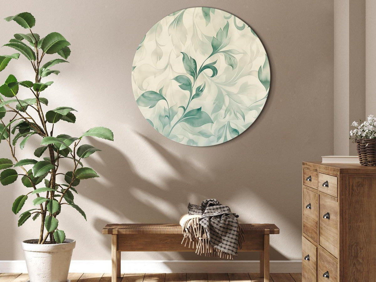 Rundes Bild - Watercolor Botanical Motif: Delicate Green-Beige Leaves