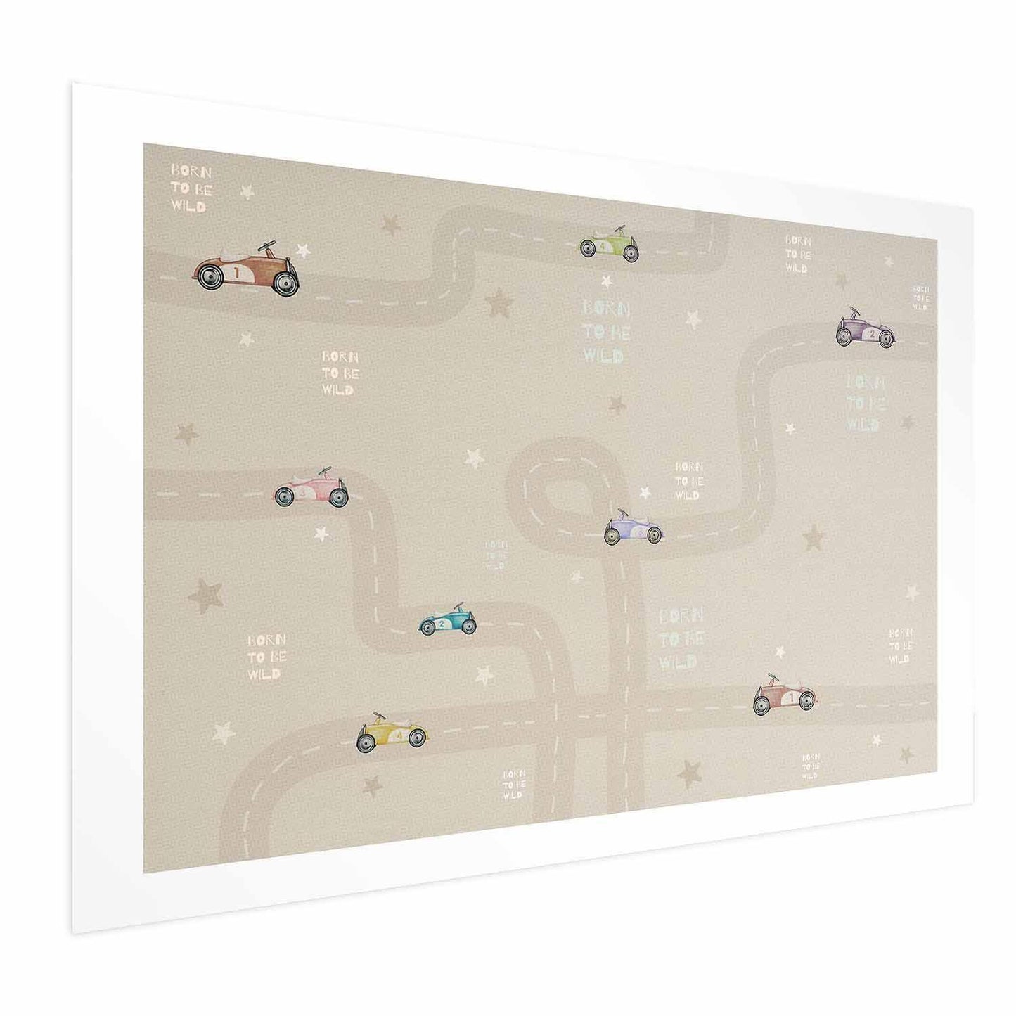 Poster featuring racing cars with playful design on a beige background.