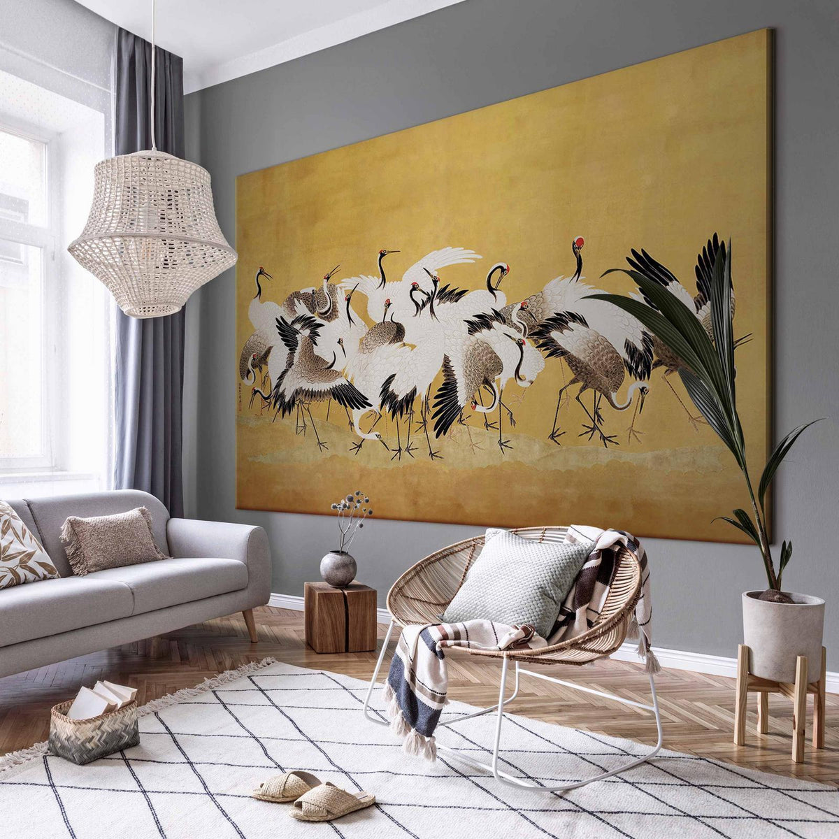 Wandbild XXL - Japanese cranes - a flock of birds against a golden background based on a painting by Ishida Yūtei