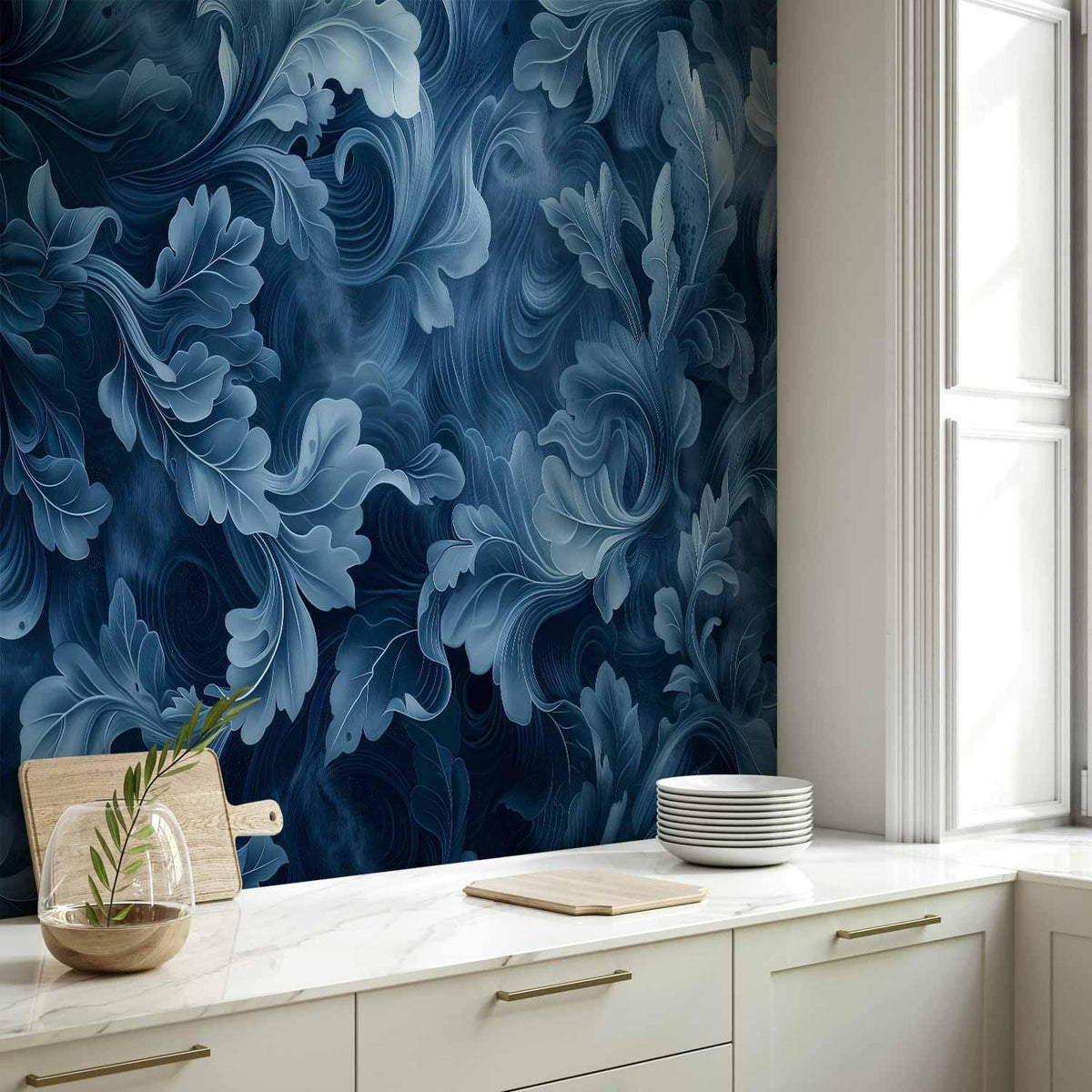 Fototapete - Abstract Ornaments: Dark Blue Victorian Leaves
