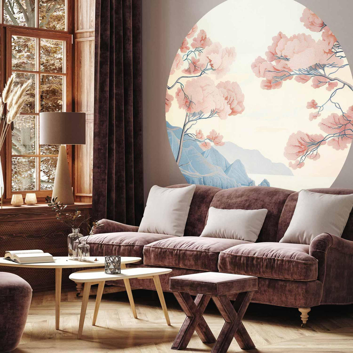 Runde Fototapete - Ocean, cliffs and trees, a delicate motif in pastel colours