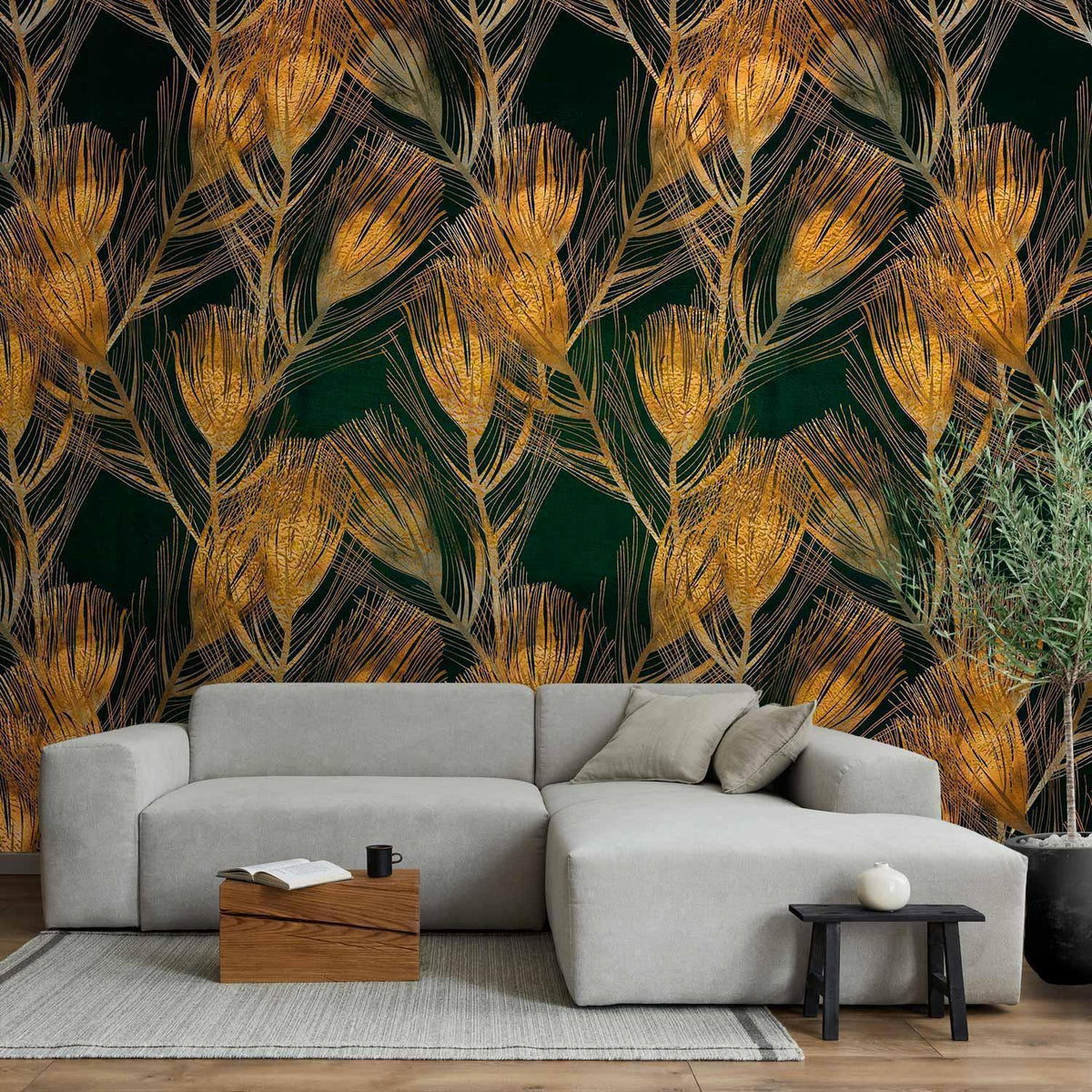Fototapete - Golden peacock feathers - solid background with bird pattern on green background