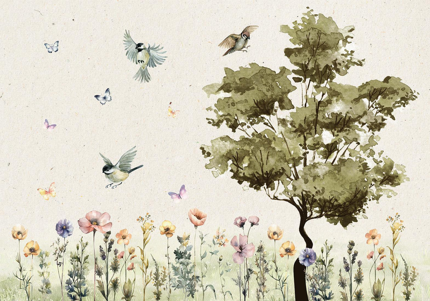 Fototapete - Spring Meadow - a Clearing With Flowers Painted in Watercolours Artgeist