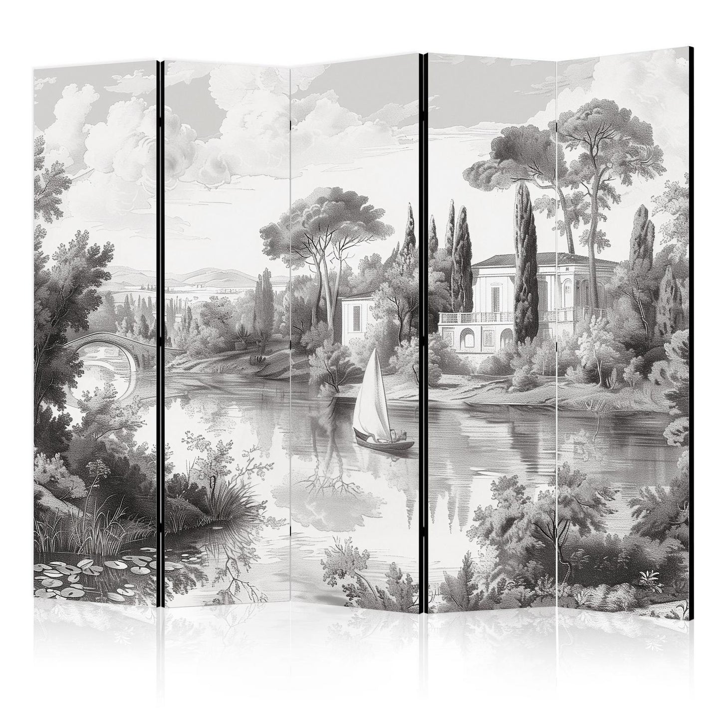 Paravent - Black and White Vintage Landscape - Retro View of a Pond with a Boat Artgeist