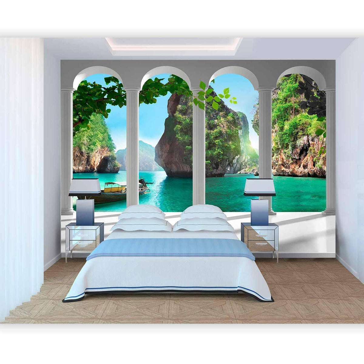 Fototapete Auf der Terrasse – Mediterrane Meerblick-Idylle mit Säulen