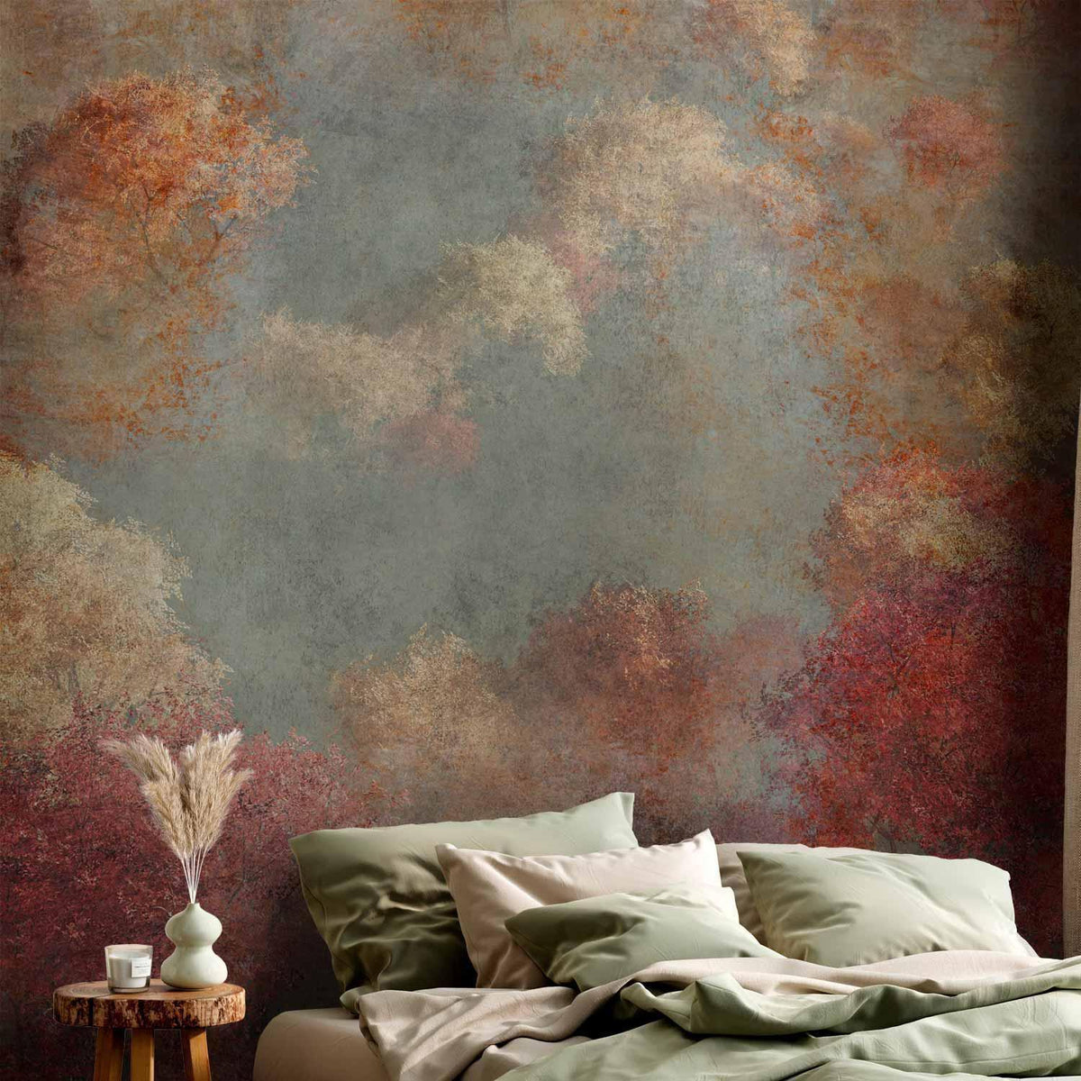 Fototapete - Nature in autumn - landscape of autumn trees in painted retro style