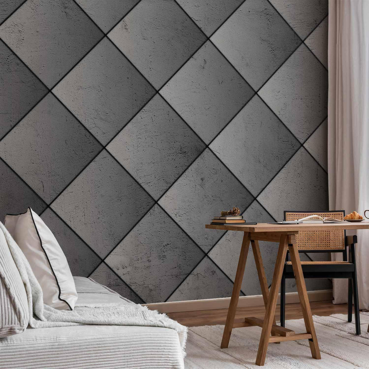 Fototapete - Grey symmetry - geometric pattern in concrete pattern with black joints