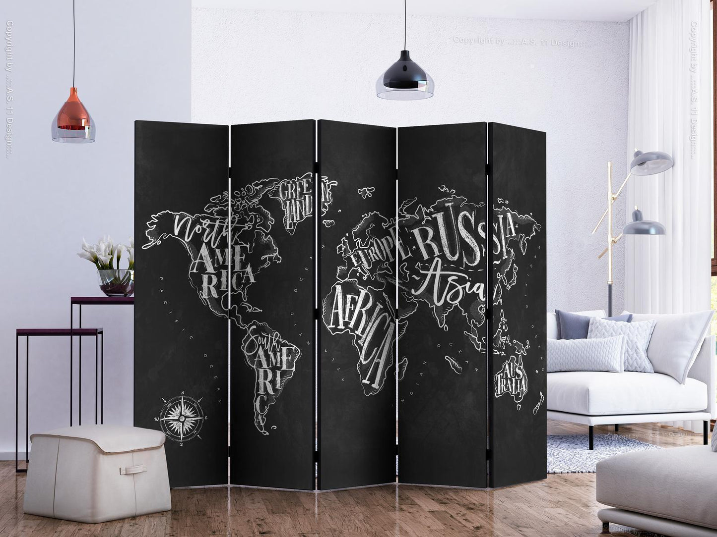 Paravent - Retro Continents (Black) II Artgeist