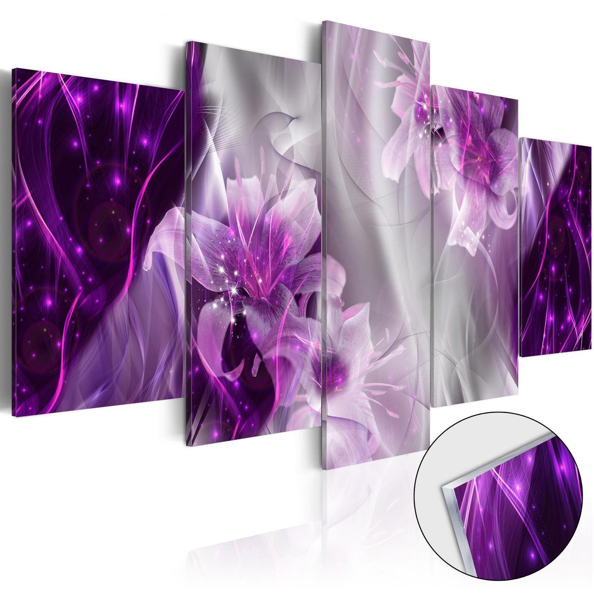 Wandbild Lila Blütentraum – 5-teiliges Acrylglasbild mit Lilien in Violett
