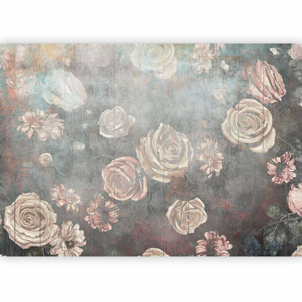 Fototapete - Misty nature - muted rose flowers on a background in grey tones