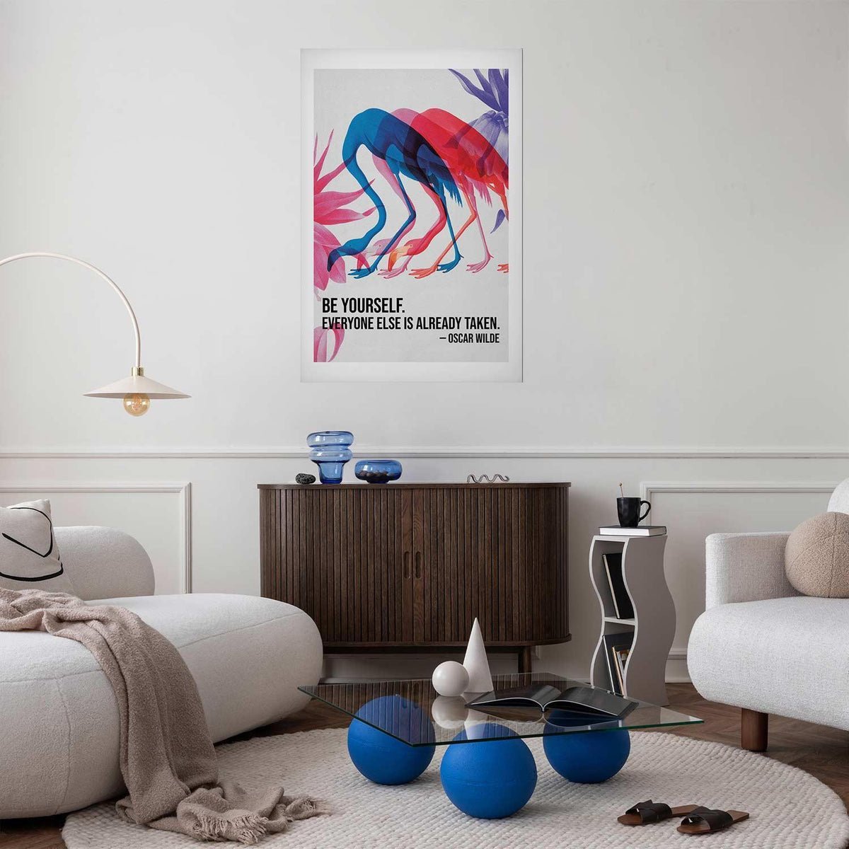 Poster - Colorful Repetition - three flamingo silhouettes with an inspiring quote