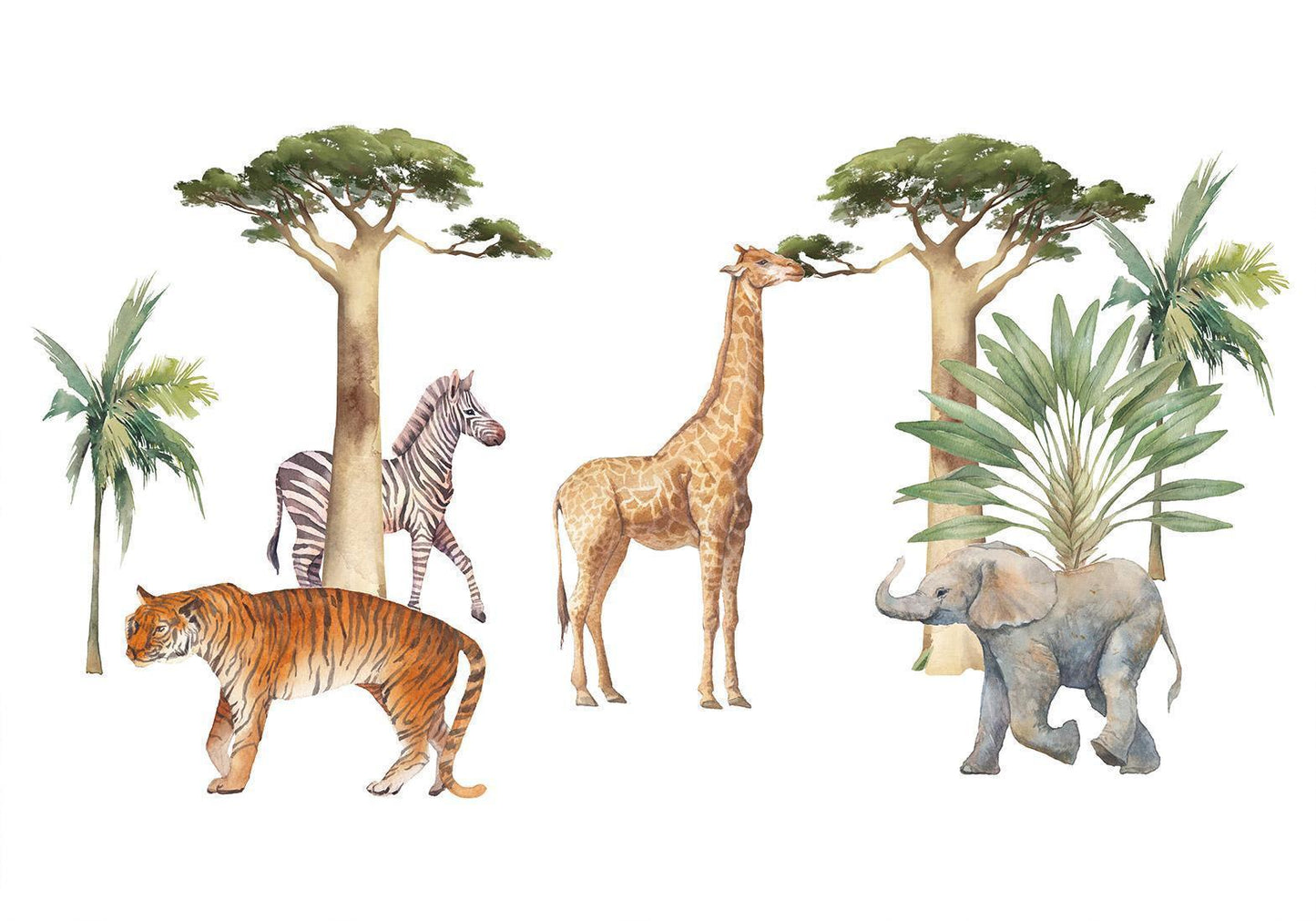 Fototapete - Jungle Animals on White Background Made With Watercolour Technique Artgeist