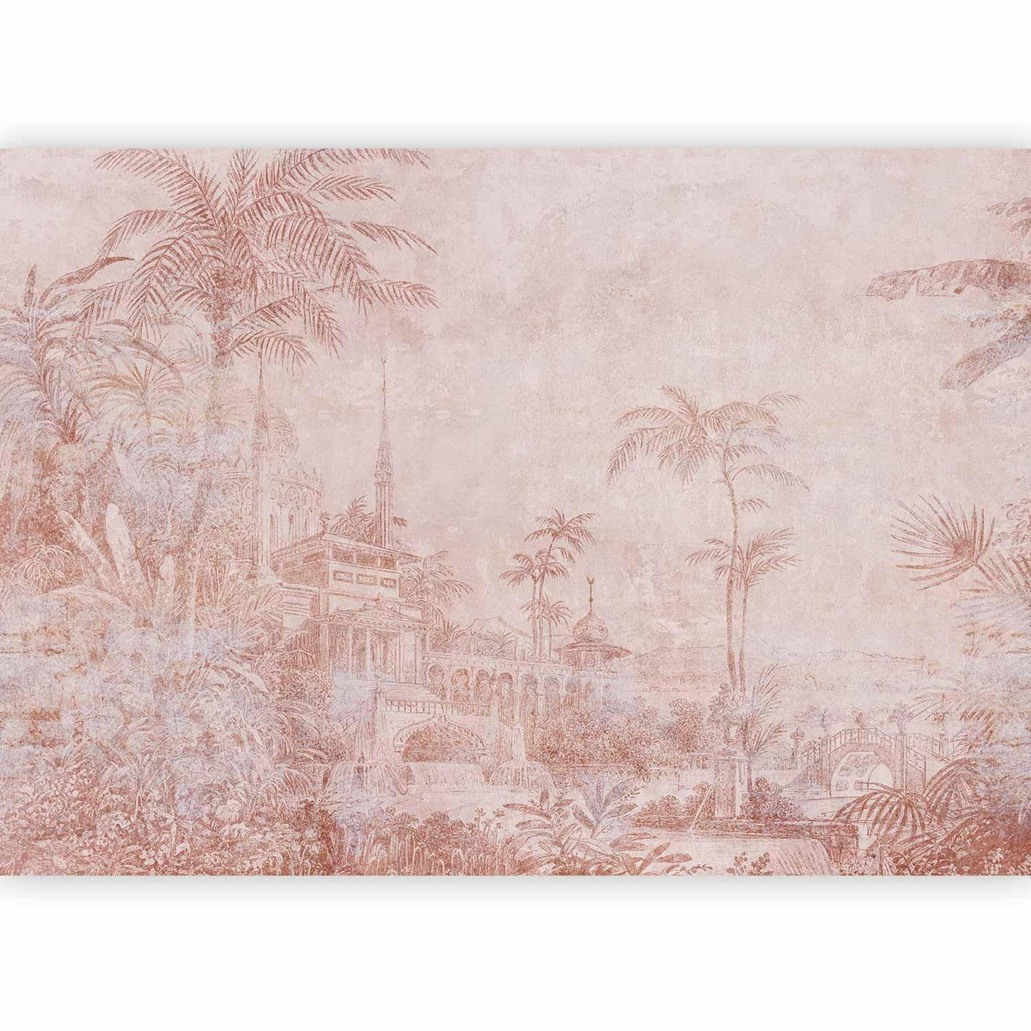 Fototapete - Landscape with temple - engraving of Indian architecture with palm trees Artgeist