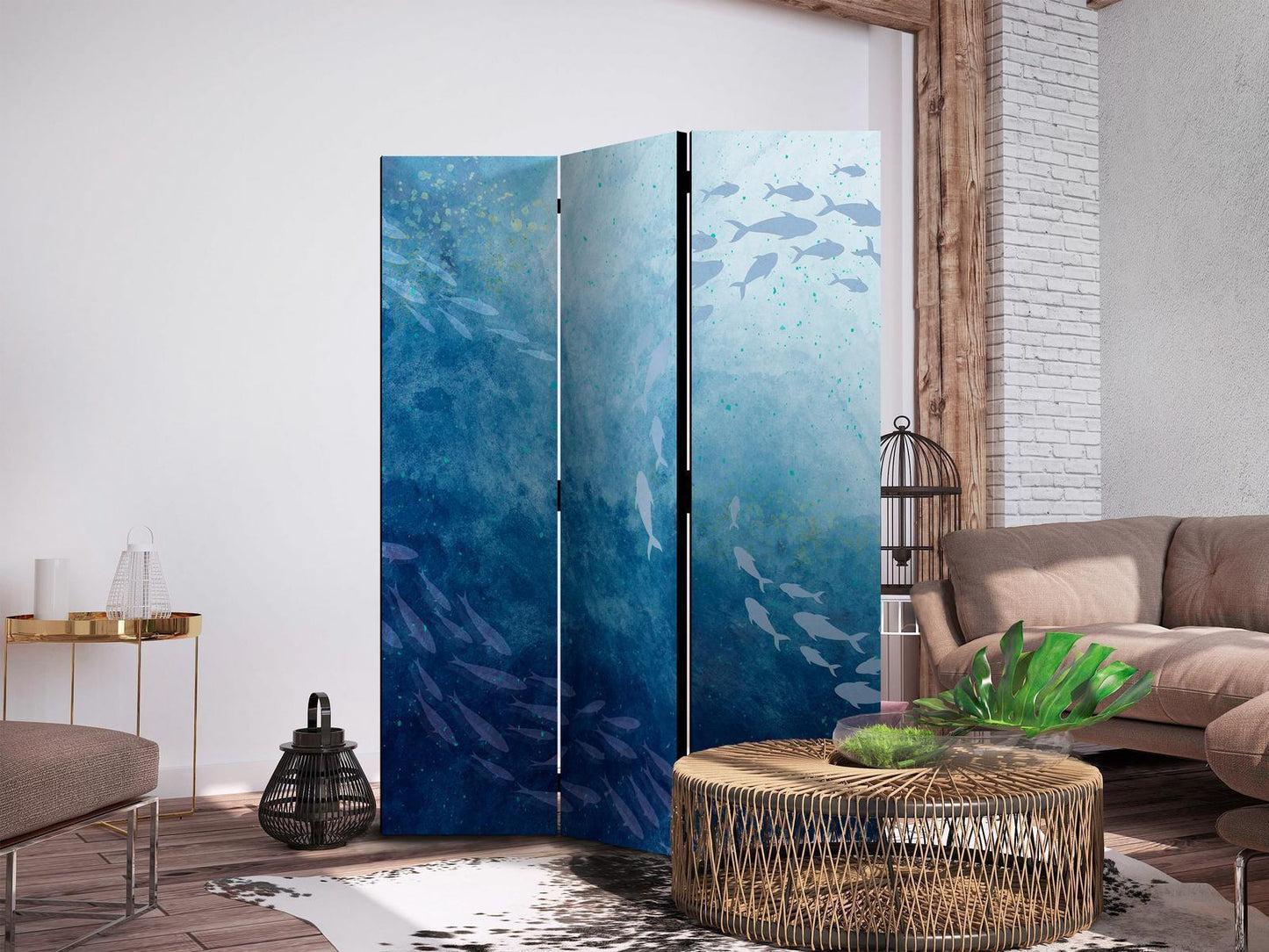 Paravent - Schools of Fish - Luminous Clusters of Fish in Blue Hues Amidst the Sea Depths Artgeist