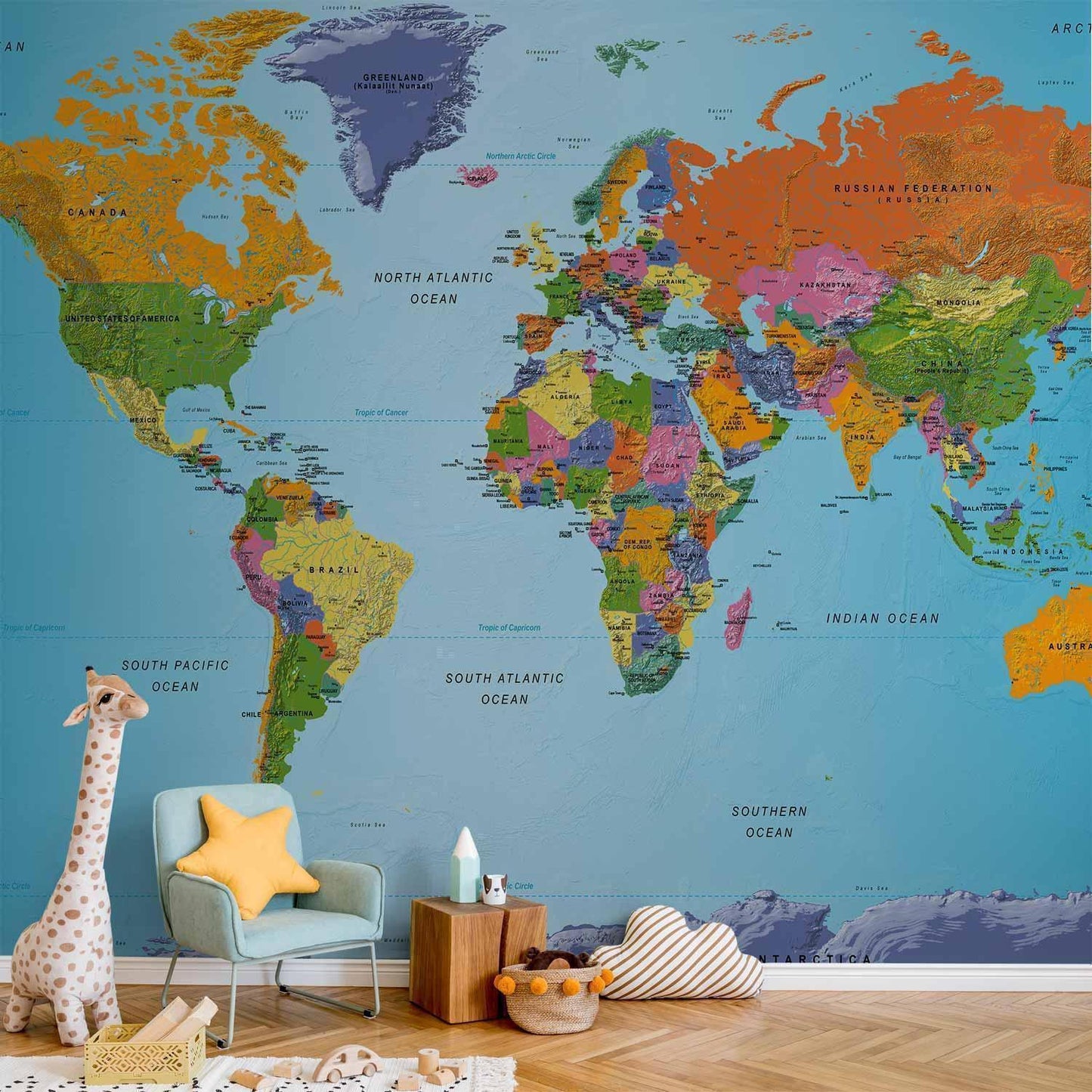 Fototapete „Weltkarte – Bunte Geografie“ – Farbenfrohes Wissensdesign für deine Wand sawelt.eu