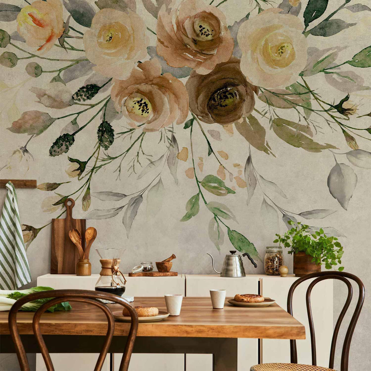 Fototapete - Summer bloom - retro floral motif with flowers and leaves with patterns