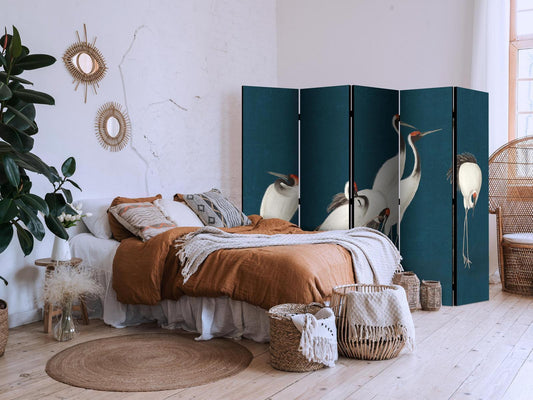 Paravent - Evening by the pond - a group of cranes drawn with dry pastels on a dark turquoise background