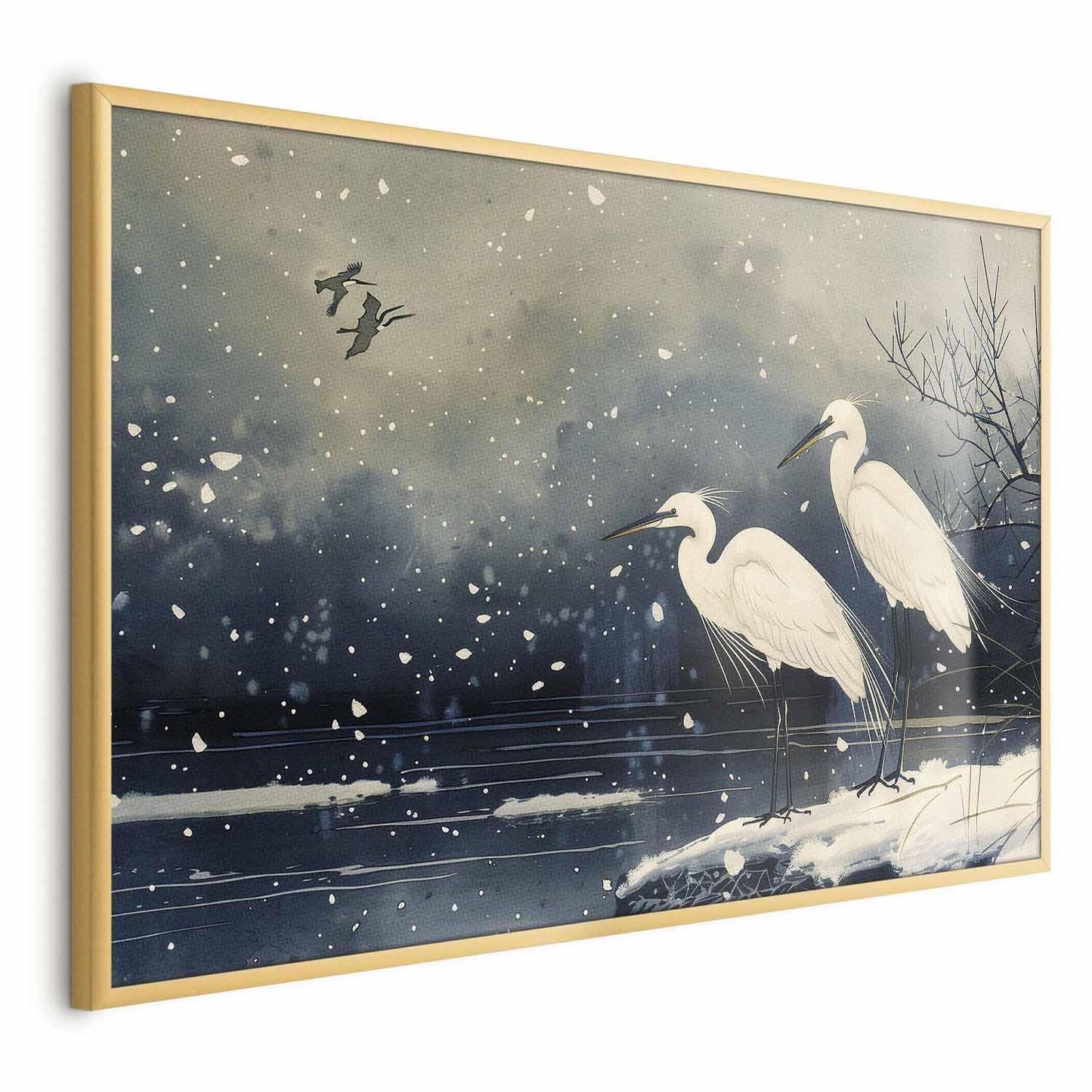 Poster - Herons over a Winter Pond - illustration in the Japanese style in dark colors Artgeist