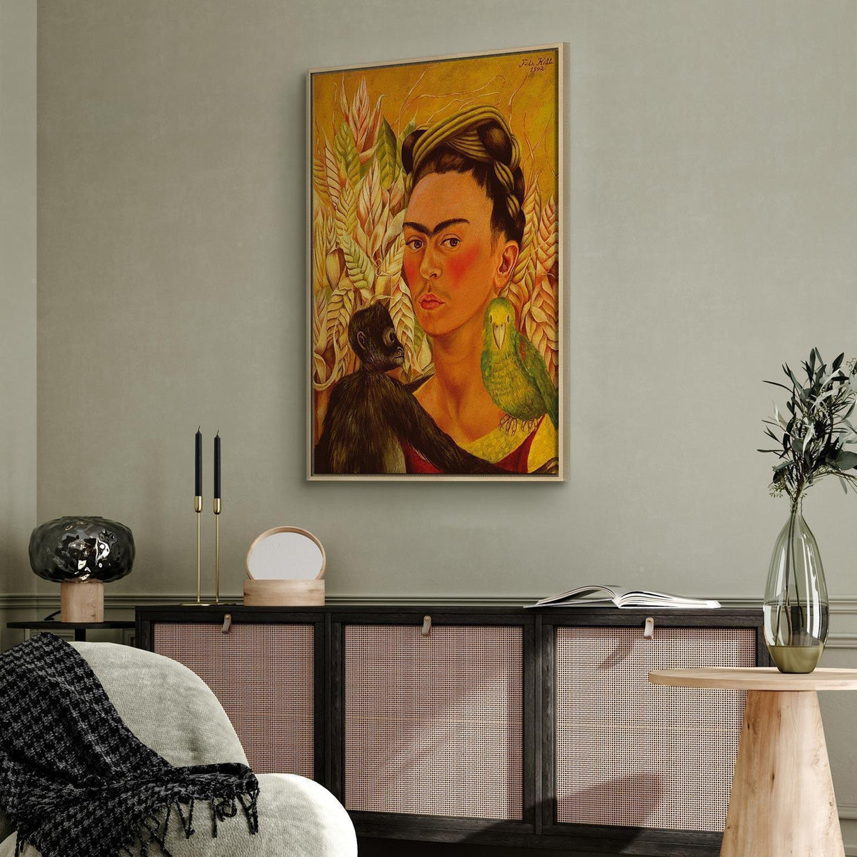 Leinwandbild - Frida Kahlo – Self-Portrait with Monkey and Parrot