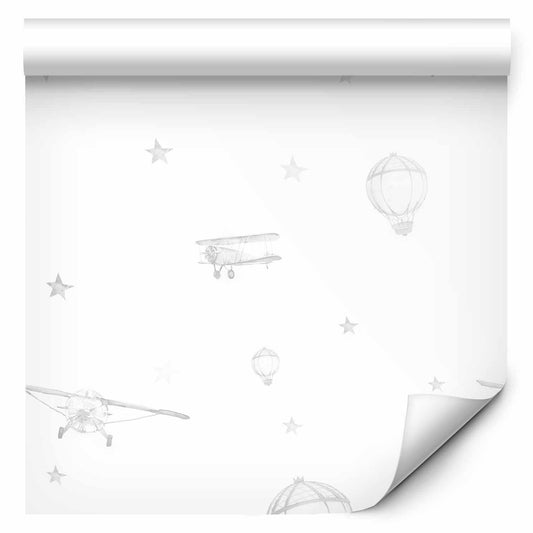 Tapete - Watercolor - Airplanes and balloons painted on a white sky background
