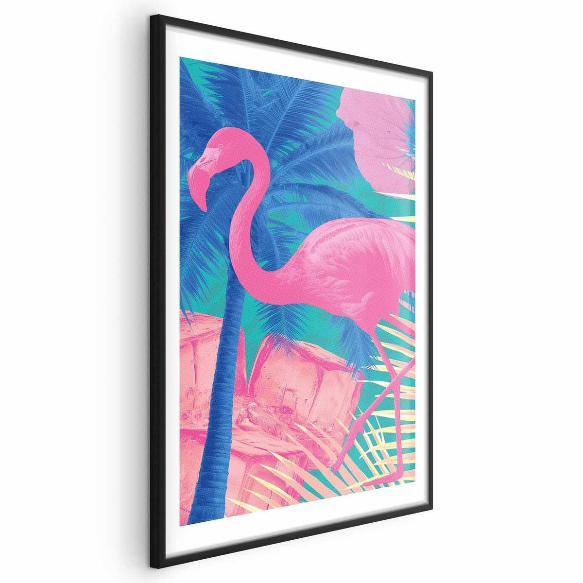 Poster - Pink Flamingo - abstract flamingo against a background of palm trees and ice cubes