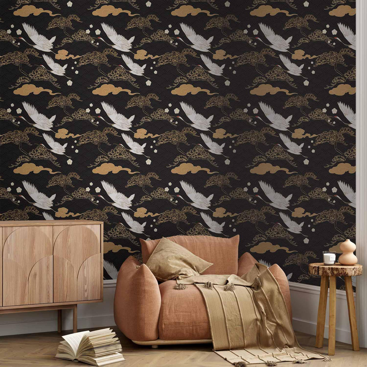 Tapete - Oriental impressions - decorative pattern with a motif of flying cranes on a dark background