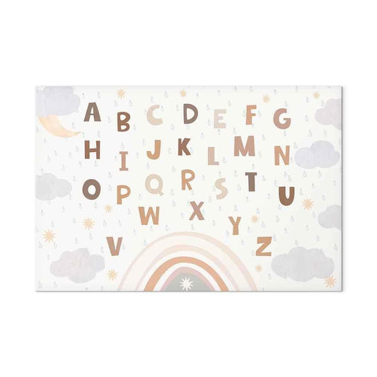Leinwandbild - Letters Above the Rainbow - Letters Among Streams of Rain and Clouds with a Rainbow Moon and Stars on a Light Background