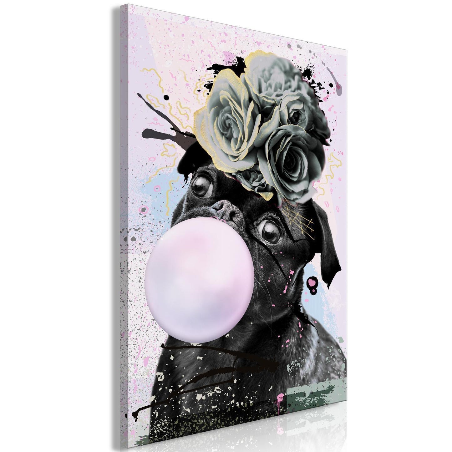 Leinwandbild - Pug With Bubble Gum (1 Part) Vertical Artgeist