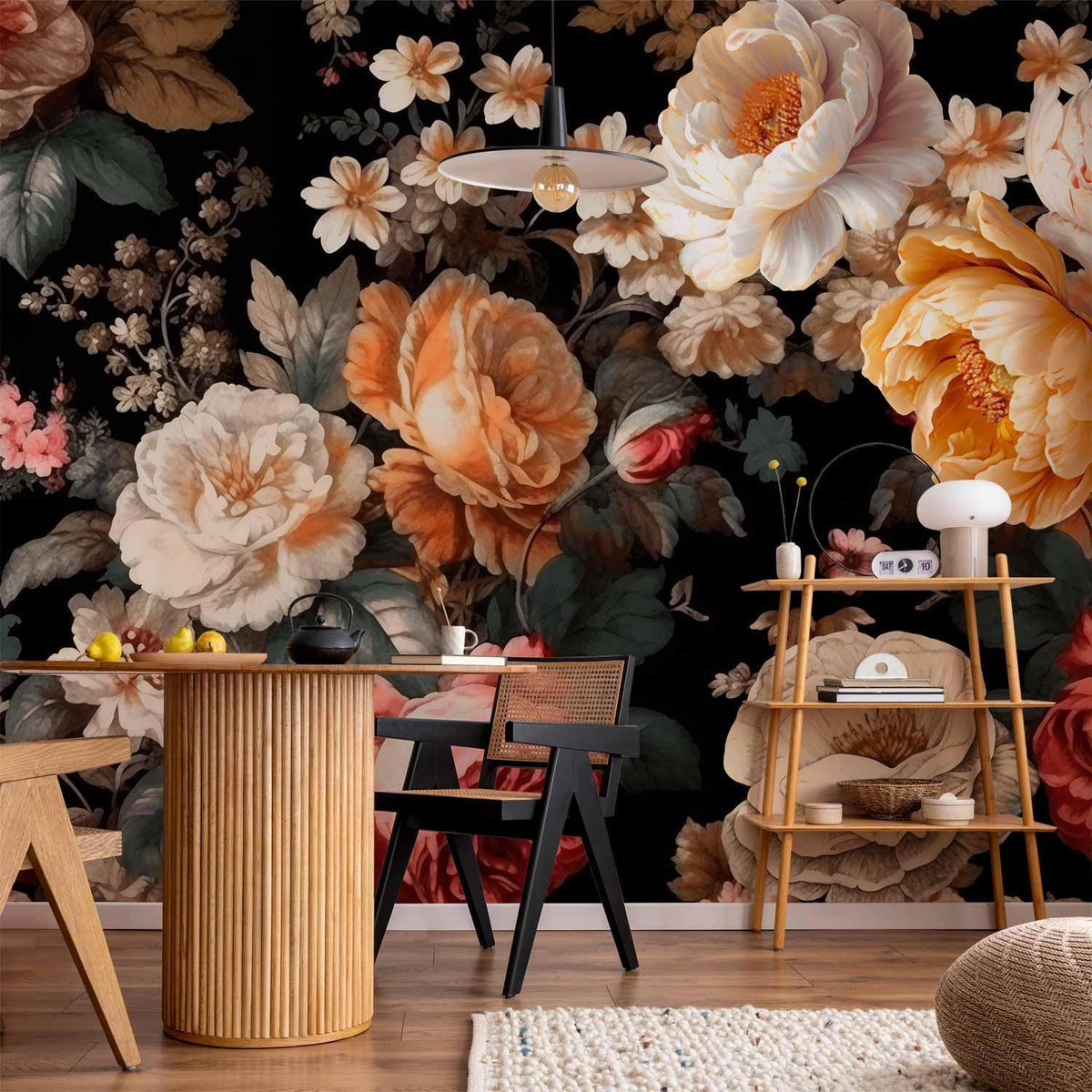 Fototapete Blumen auf Schwarz – Üppige Blüten im flämischen Stil