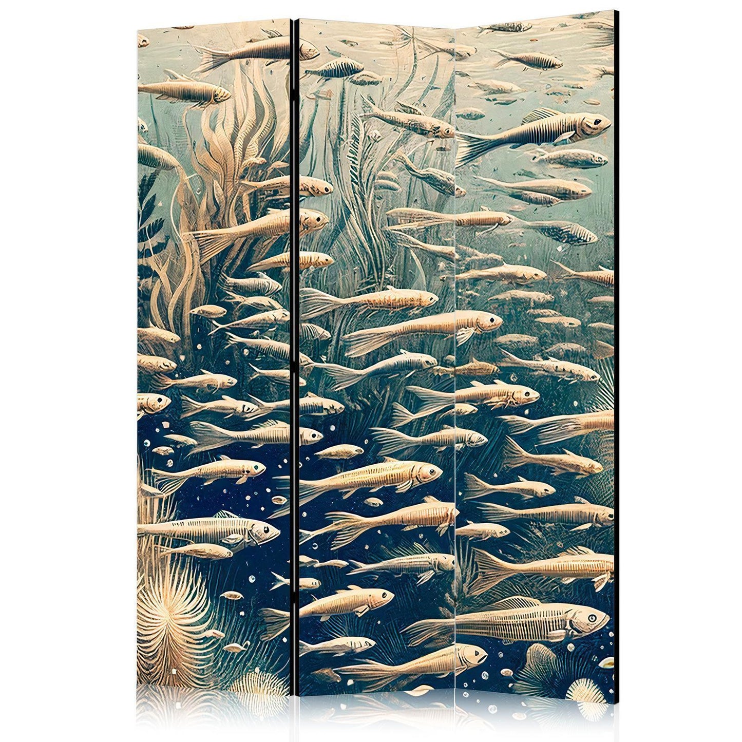 Paravent - Life in the Ocean - Underwater World of Fish and Vegetation in Beige and Navy Colors in Retro Style Artgeist