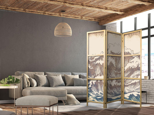 Japanischer Paravent - Turbulent Ocean - High Waves in Brown and Navy on a Beige Background in Vintage Style