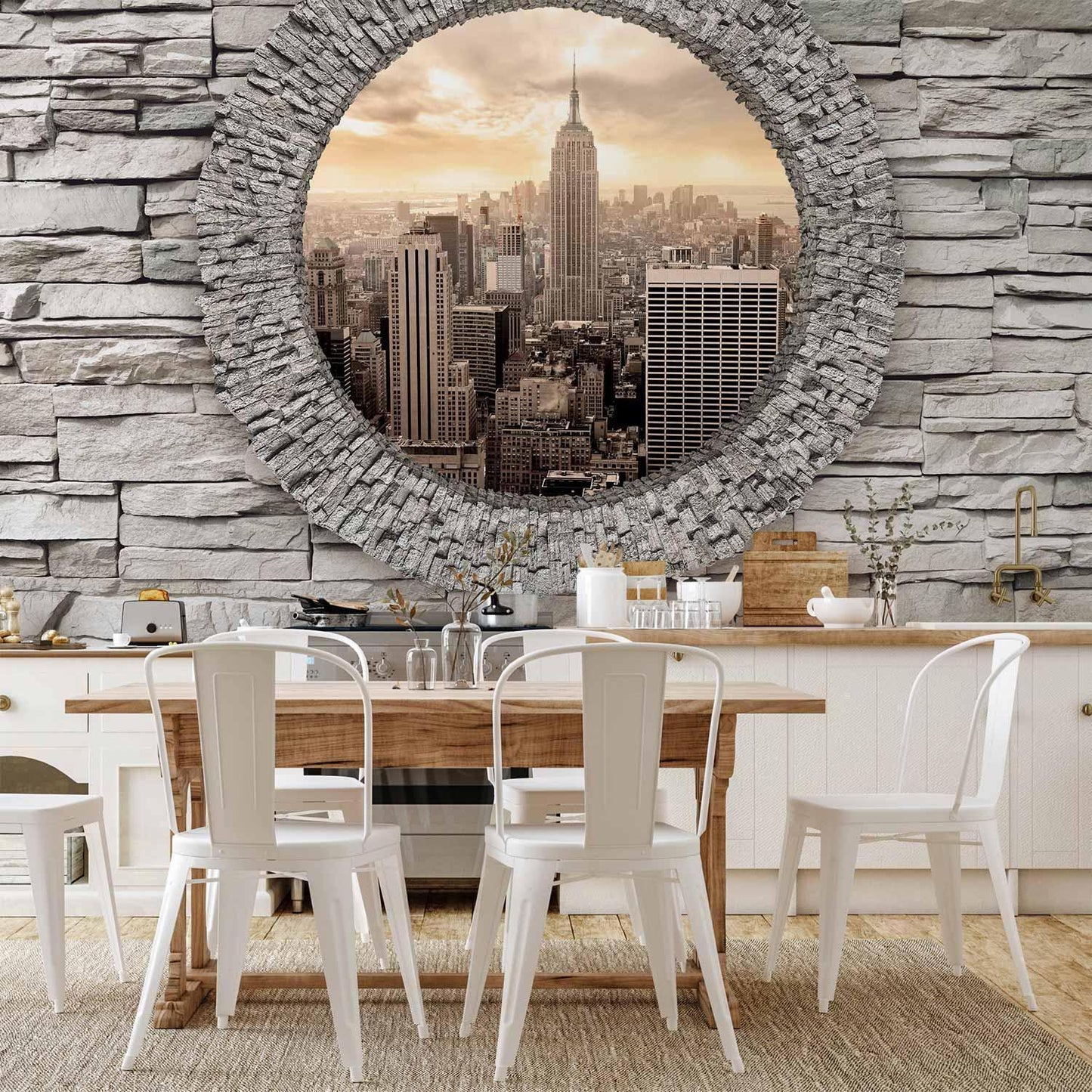 Stadtblick in Beige-Gelb durch Steinmauer