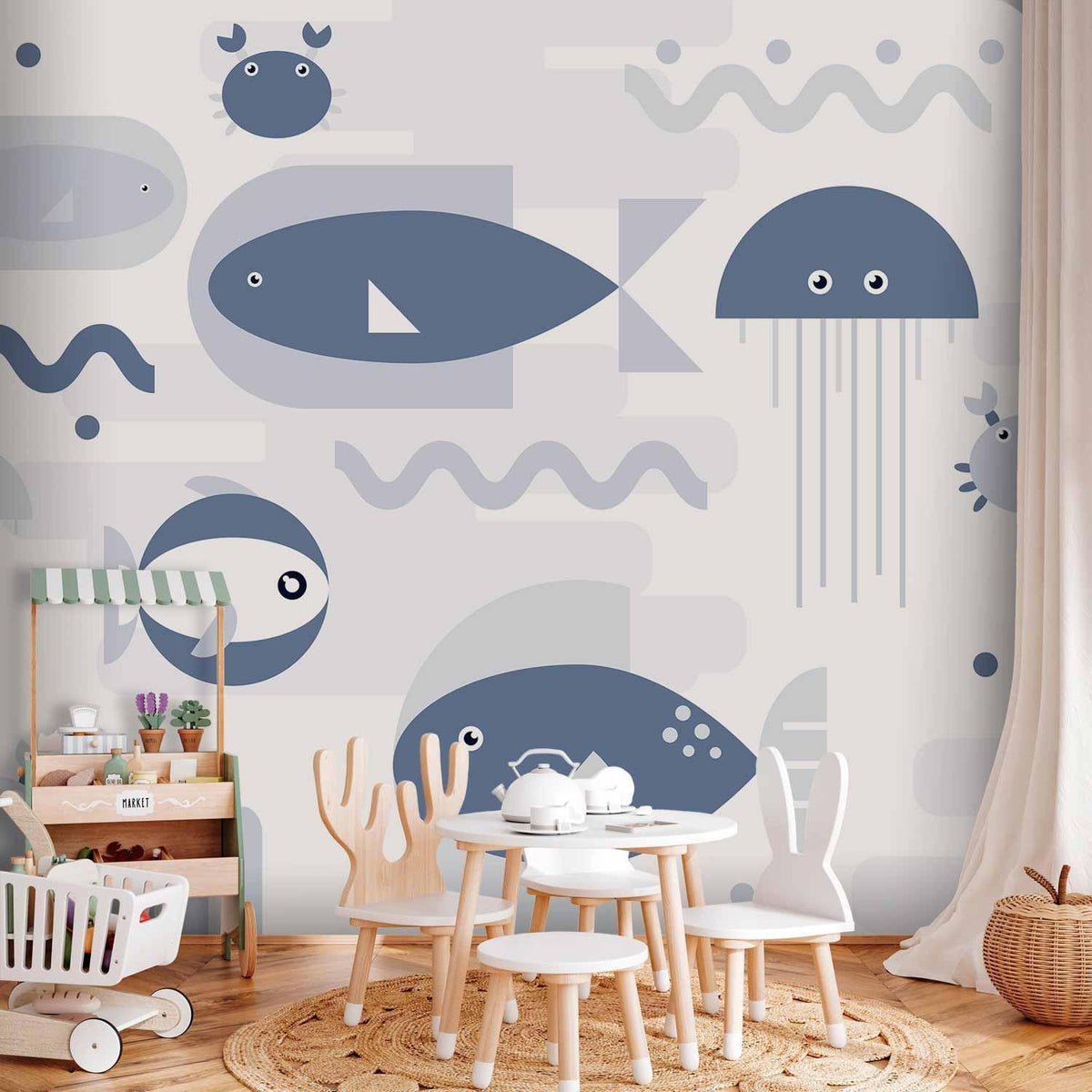 Fototapete - Minimalist ocean - geometric fish and crabs in water for kids