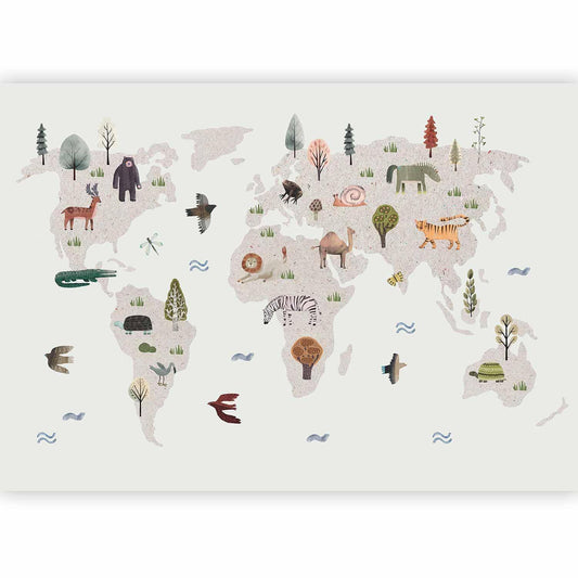 Fototapete - Beige World - Continents With Animals in Muted Colours