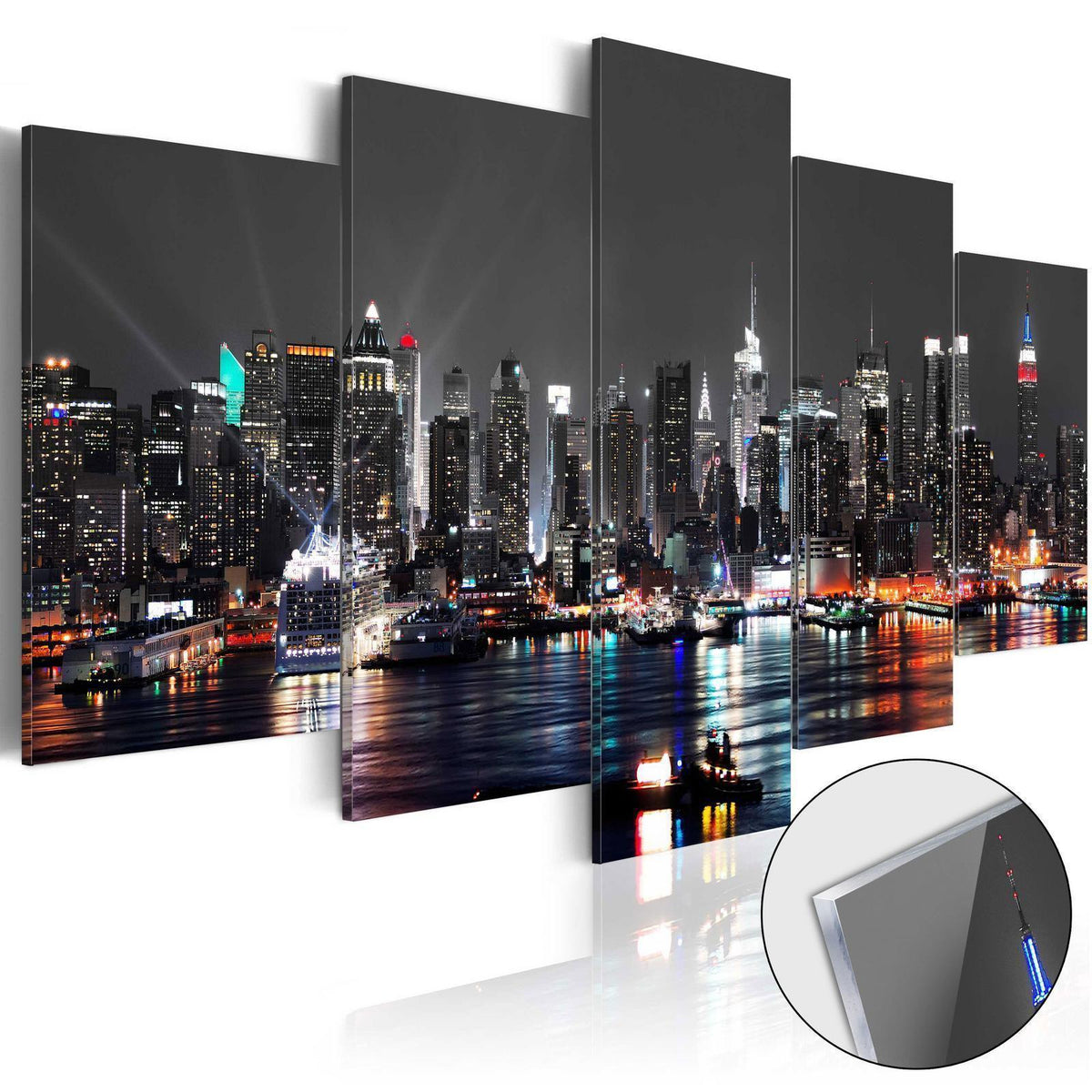 Wandbild Manhattan Skyline – 5-teiliges Acrylglasbild von New York bei Nacht