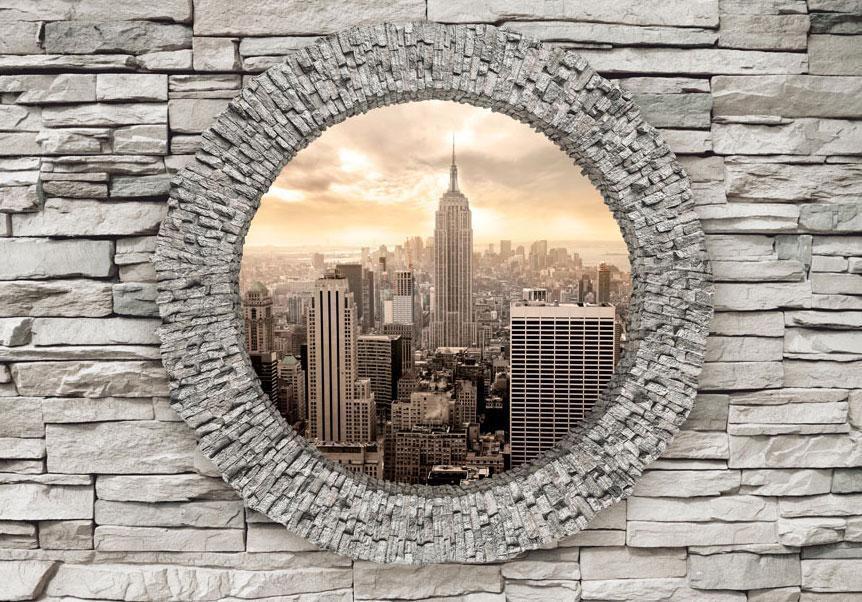 Wandtapete rundes Fenster mit gelber Skyline
