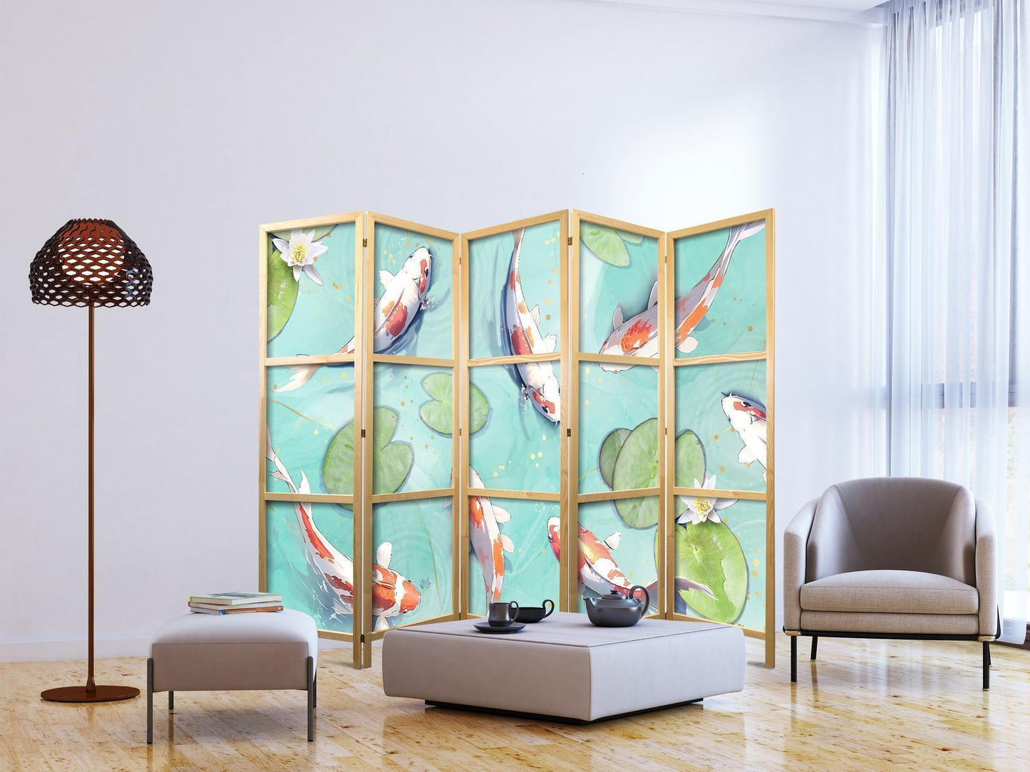 Japanischer Paravent - Spectacular Fish - White-Orange Koi Fish Swimming in Crystal Clear Water with Water Lilies Artgeist