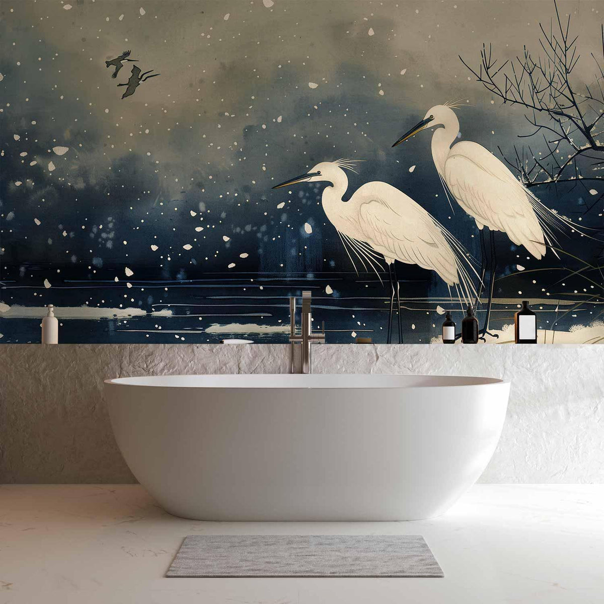 Fototapete Winterteich – weiße Reiher im japanischen Stil auf Dunkelblau